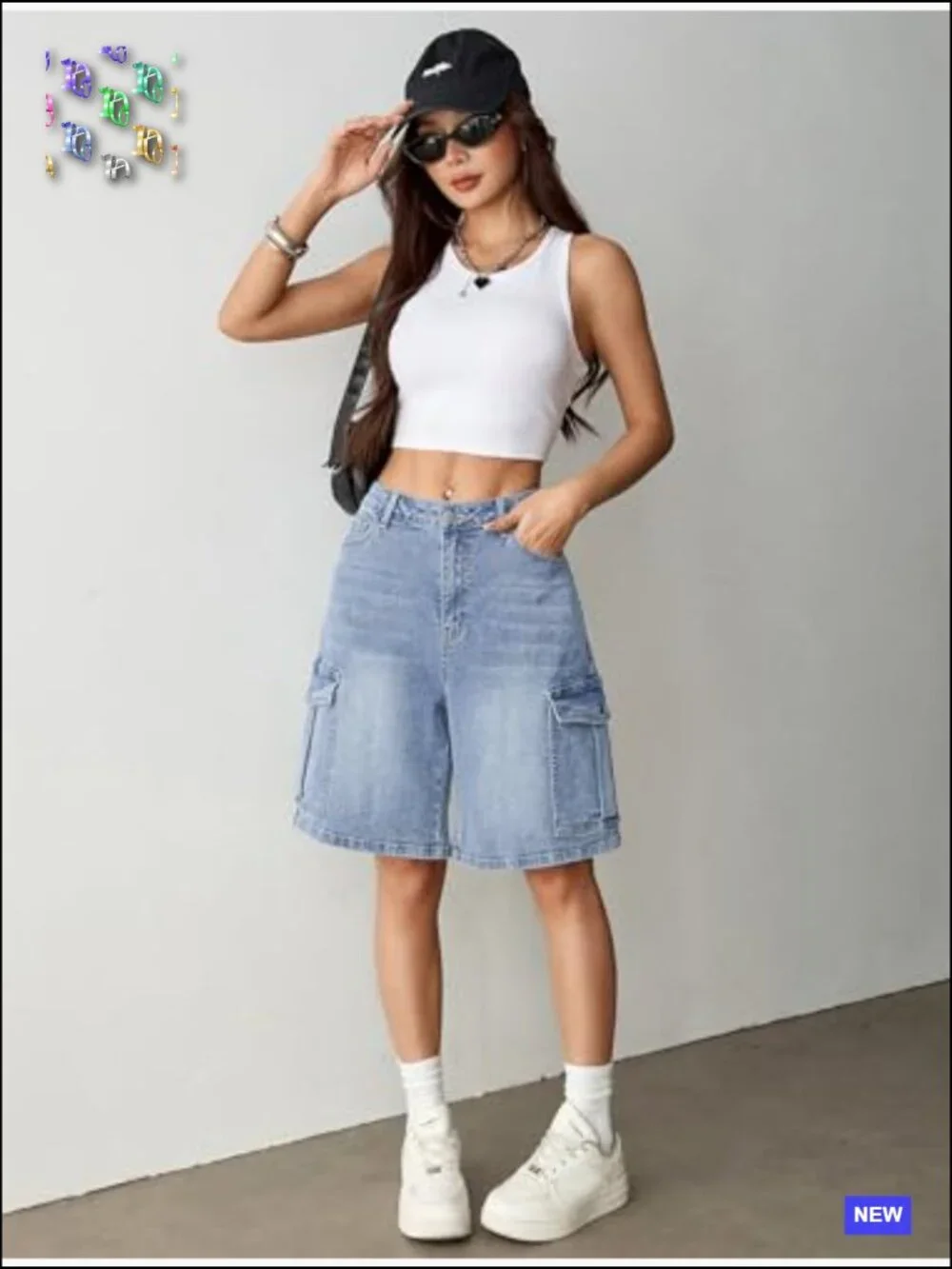 Baggy Bermuda Cargo Jorts Y2K Knee Length Stretchy Denim Shorts 6 Pockets